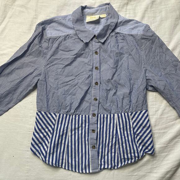 Anthropologie Maeve Blue Stripe Button Up Top Sz 8 Coastal Neutral Cotton - Picture 2 of 6